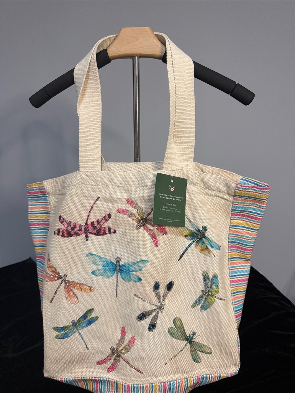 Canvas Dragonfly Tote Bag in Cream with Multicolor Accents